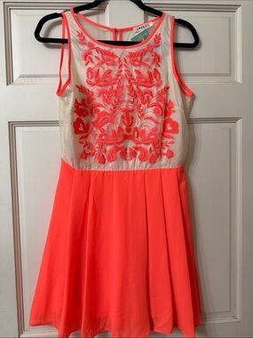 LPEACH Neon Coral Embroidered Fit & Flare Dress
